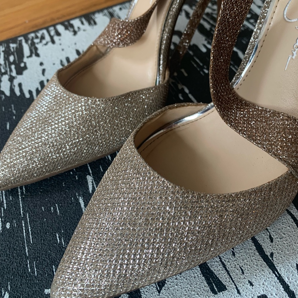 Shimmery t strap heels